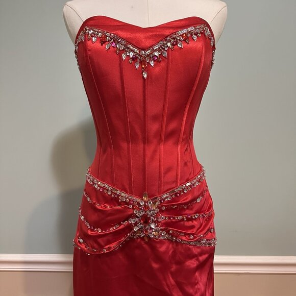 Women 6 Long Red Satin Beaded Formal Dress Evening Gown Strapless Glam Prom Gala - Picture 4 of 14